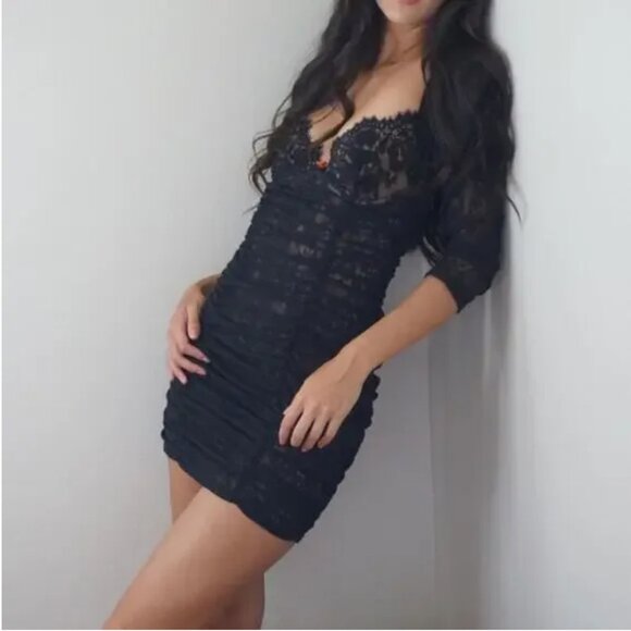 For Love & Lemons Harlow Black Lace Slip Sheer Ruched Dress Sexy Size XXS - Picture 15 of 15